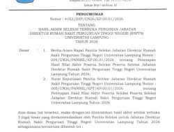 UNILA UMUMKAN 3 BESAR CALON DIREKTUR RSPTN 2026